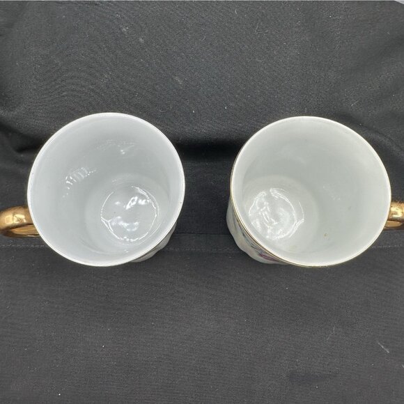 Vintage Czech Lusterware Floral Lidded Mugs Set of 2 Gold Handle Iridescent - Picture 9 of 11